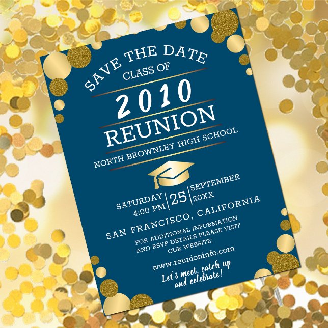 Convite para Reunião de Classe Escolar em Qualquer (School class reunion invitation design with golden confetti)