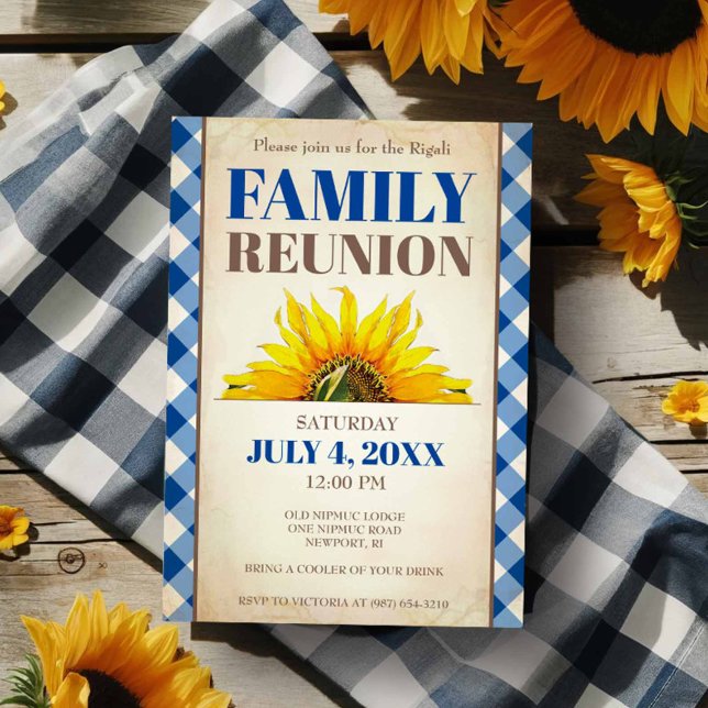 Convite para Reunião Familiar, Girassol, Picnic Fa (Family reunion invitations feature sunflower and blue gingham print. )