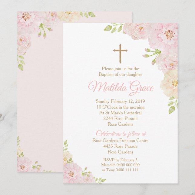 Convite Para Rosa Batismo Menina Convite Para Bati (Frente/Verso)