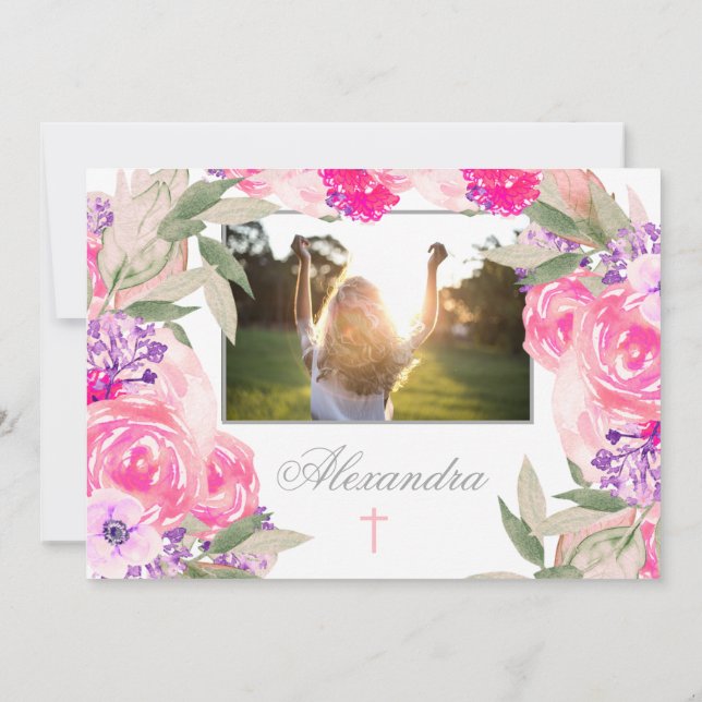 Convite para Rosas Florais de Foto da Primeira Com (Verso)