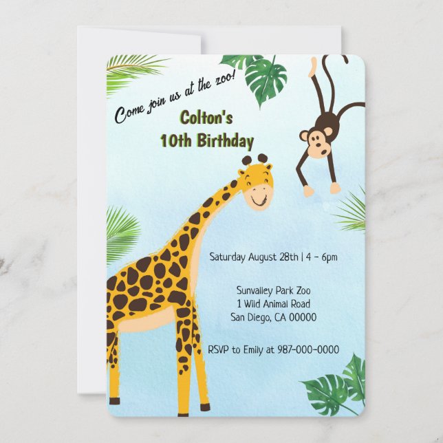 Convite para Safari de Girafa e Macaco ou Festa no (Frente)