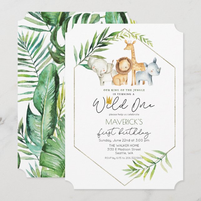 Convite para Safari na Selva de Aniversário de 1 a (Frente/Verso)
