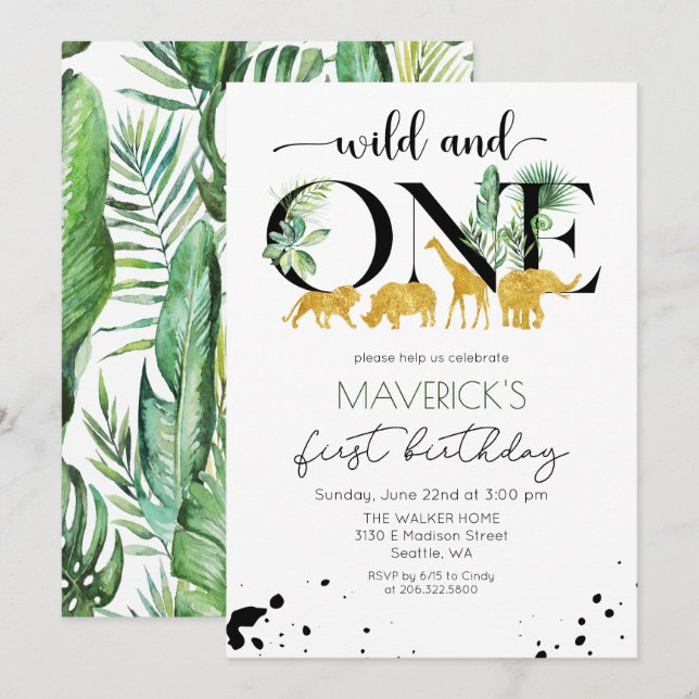 Convite para Safari na Selva de Aniversário de 1 a (Frente/Verso)