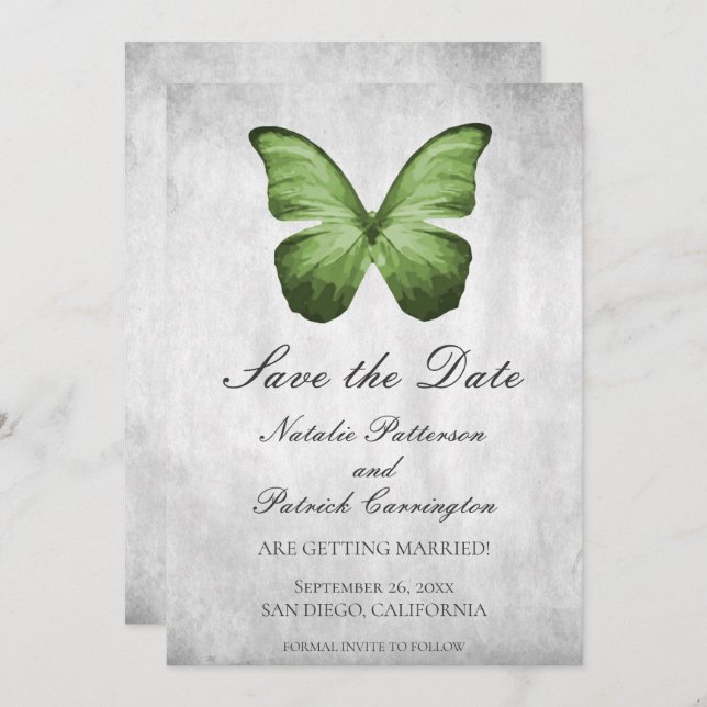 Convite para Salvar a Data com Borboleta Verde (Frente/Verso)