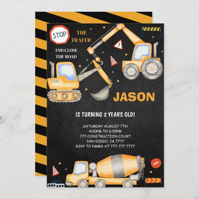 Convite para segundo aniversário Construction Boy (Frente/Verso)