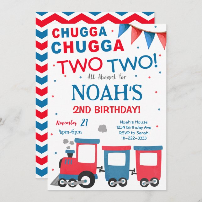 Convite para segundo aniversário de comboio azul v (Frente/Verso)