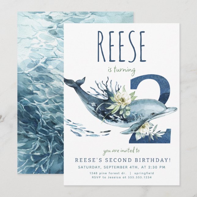 Convite para segundo aniversário de golfinhos (Frente/Verso)