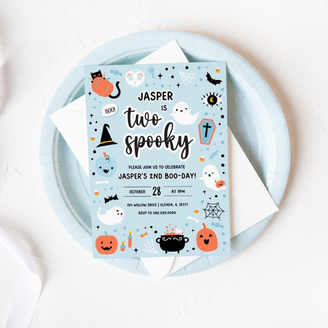 Convite para segundo aniversário de Halloween Azul (Blue and Orange Halloween 2nd Birthday Invitation )