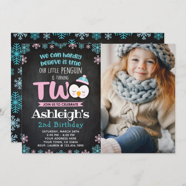 Convite para segundo aniversário de pinguins com f (Frente/Verso)