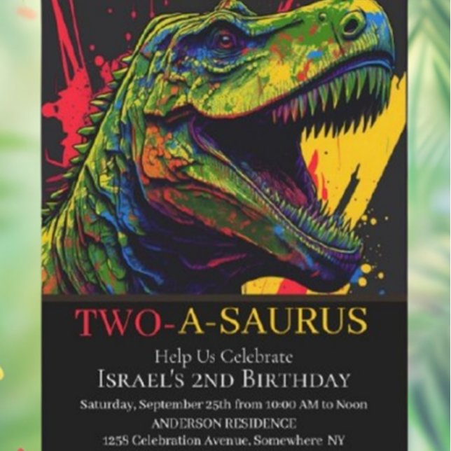 Convite para segundos aniversários de Partido Dino (Celebrate your little one's 2nd birthday with a roaring Dino Party! )