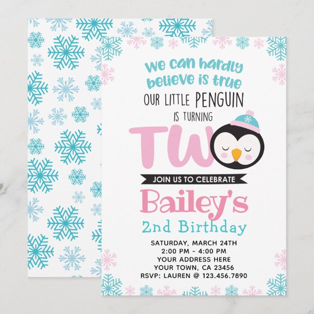 Convite para segundos aniversários de pinguins (Frente/Verso)