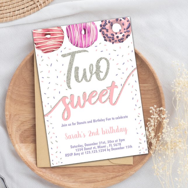 Convite para segundos aniversários Editáveis (Two Sweet Silver Donut Birthday Invitations)