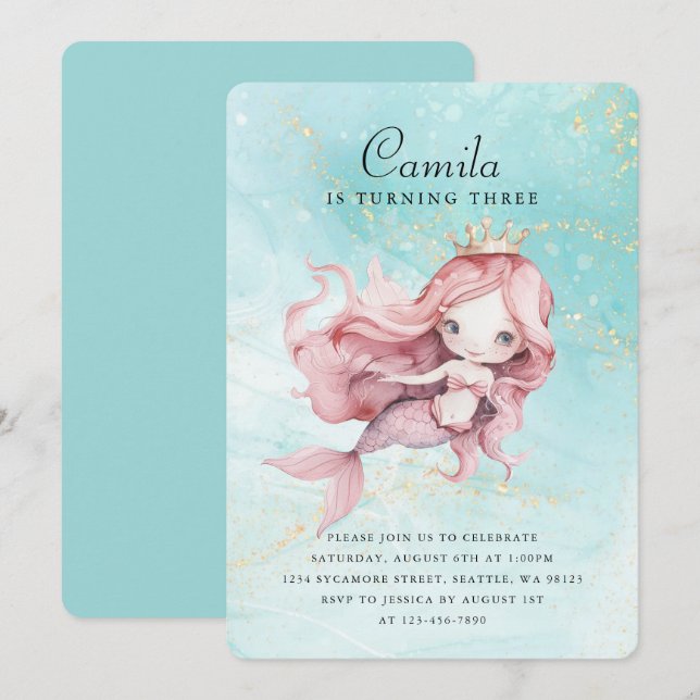 Convite para Sereia de Aniversário Bonito (Frente/Verso)