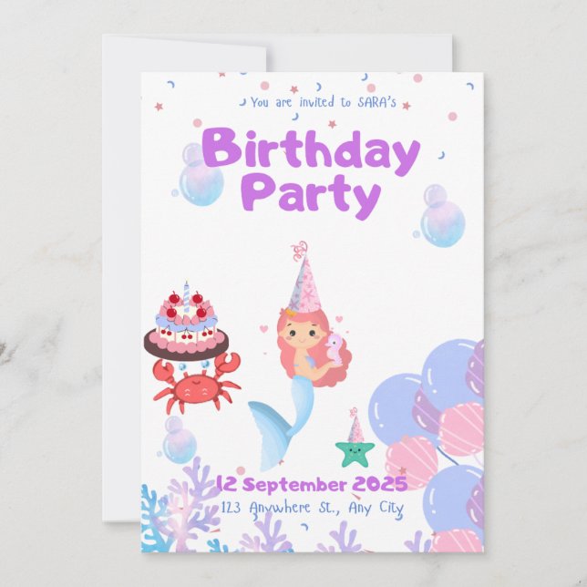 convite para sereias aniversário de Sara (Frente)