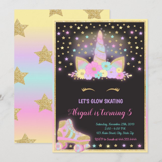 Convite para Skating Roller de Brilho Unicórnio, U (Frente/Verso)