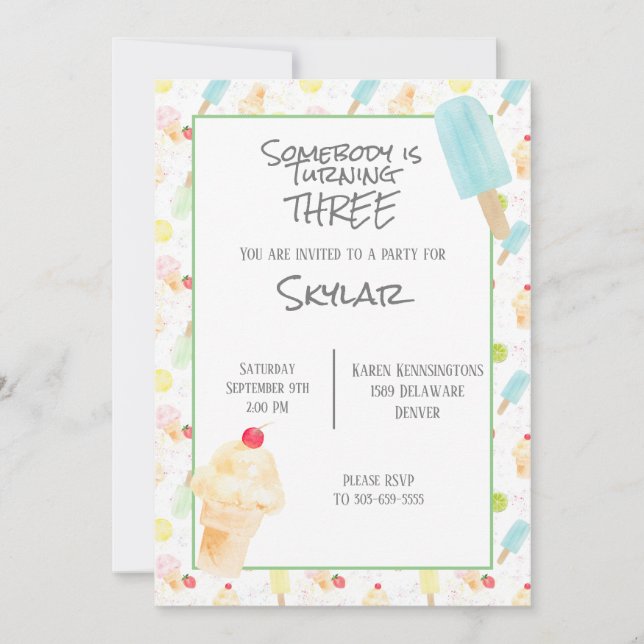 Convite para Sorvetes de Festa de aniversário (Frente)