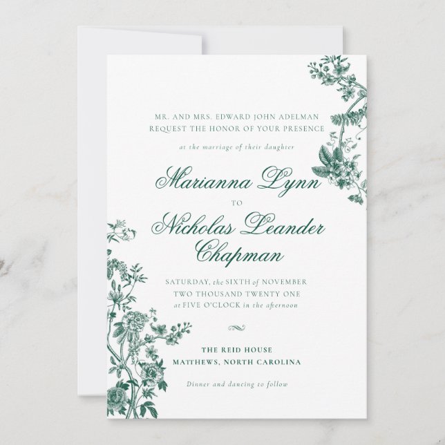 Convite para Suite Floral de Casamento Verde Vinta (Frente)