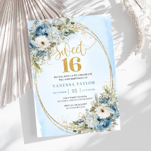 Convite para Sweet Sixteen com poeira azul elegant