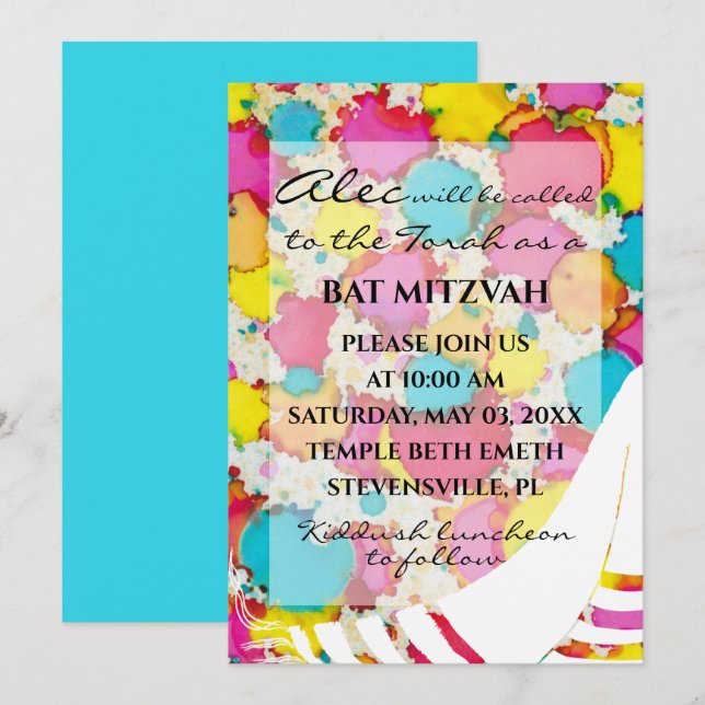 Convite para Tallit do Bar de Bat Mitzvah Confetti (Frente/Verso)