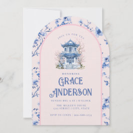 Convite para Tea de Chinoiserie Rosa e Azul Pagoda