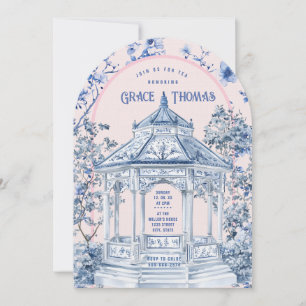 Convite para Tea de Chinoiserie Rosa e Azul Pagoda
