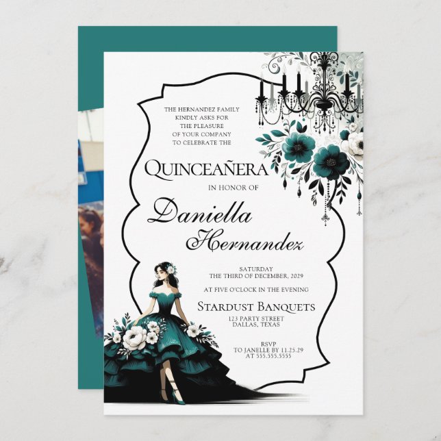 Convite para Teal Quinceañera (Frente/Verso)
