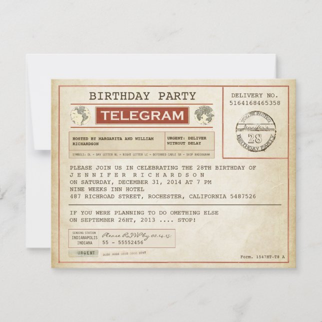 convite para telegrama de aniversário de vintage (Frente)