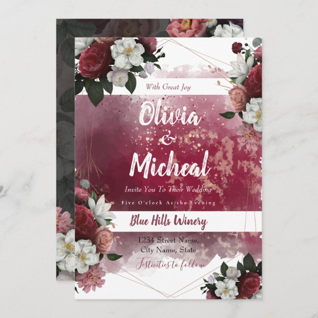 Convite para tema Chic Watercolor Floral Red Burgu (Frente/Verso)