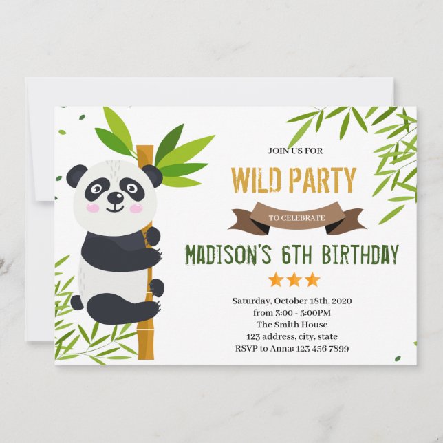 Convite para tema de festa de aniversário Panda (Frente)