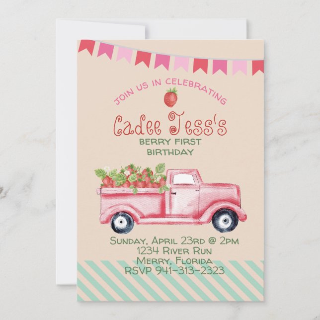 Convite para tema de morango de Berry First Birthd (Frente)