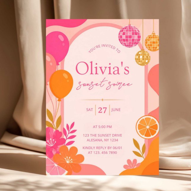 Convite para Tequila Sunrise de Pôr do Sol Moderno (sunset soiree invite, summer party invite, editable canva invite, retro summer invitation, tropical )