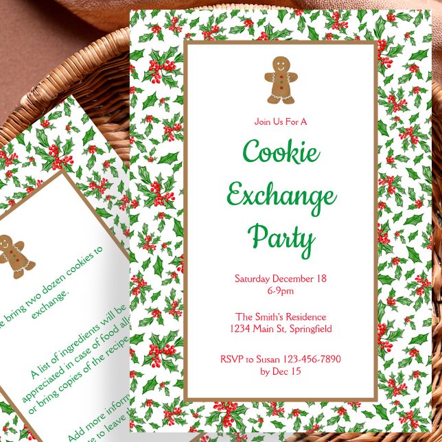 Convite para Troca de Biscoitos de Natal Holly (Criador carregado)