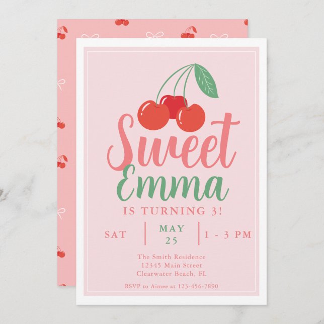 Convite para um aniversário de 3 anos de cereja do (Frente/Verso)