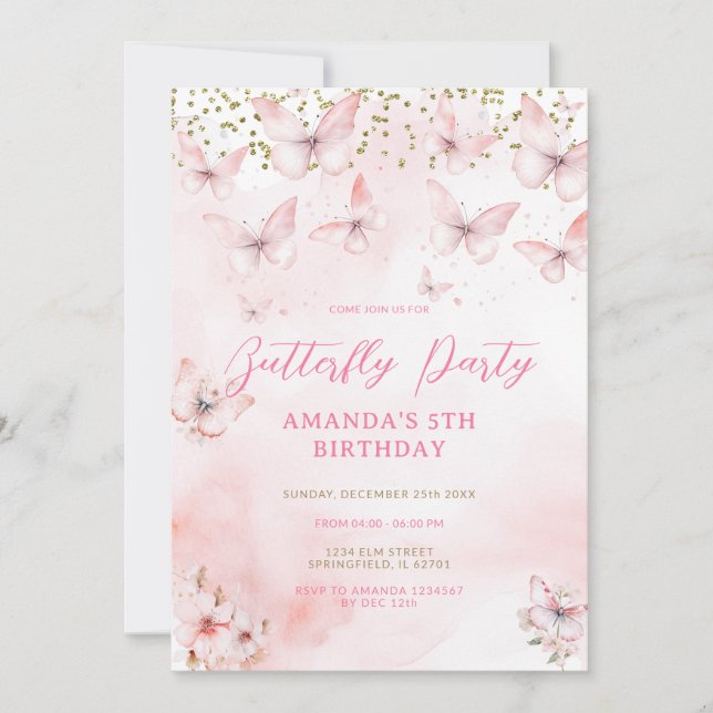 Convite para uma garota de aniversário de borbolet (Frente)