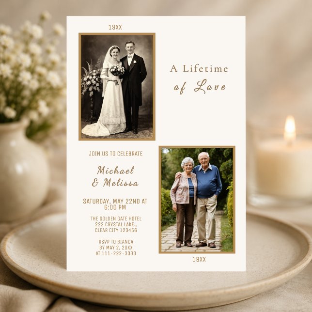 Convite para uma Vida de Amor (Elegant ivory and gold anniversary invitation celebrating a lifetime of love and memories)
