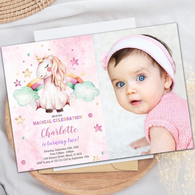 Convite para Unicórnio Verde Cloud Rainbow com fot (Green Cloud Rainbow Unicorn Invitation with photo)