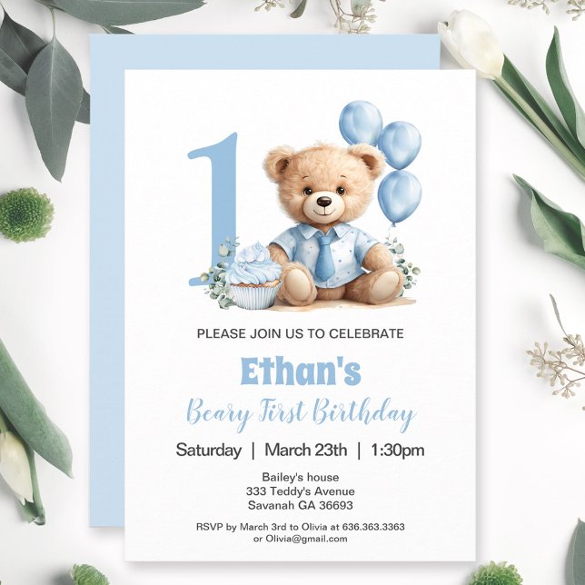 Convite para Urso primeiro aniversario Azul Teddy  (1st Birthday Modern Blue Teddy Bear Invitation)