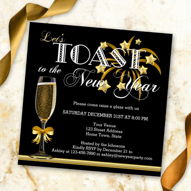 Convite para Véspera de ano novo de Champanhe Dour (New Year's Eve party invitation in stylish black with gold champagne and fireworks)