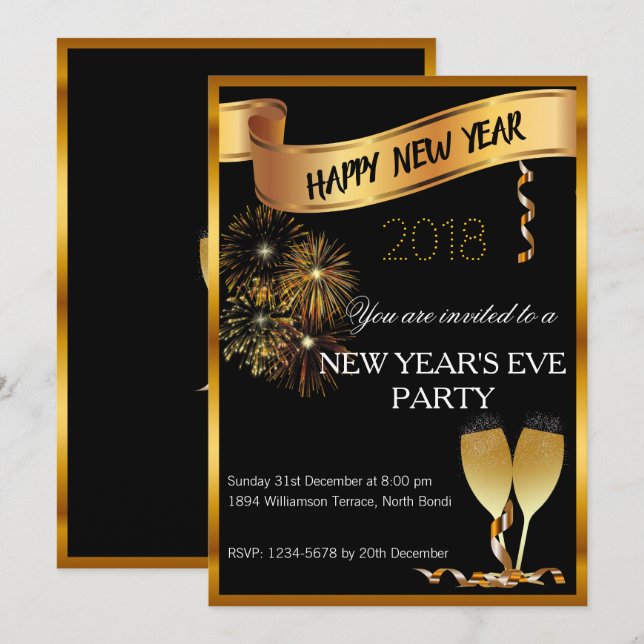 Convite para vésperas de Ano Novo Preto e Dourado (Frente/Verso)