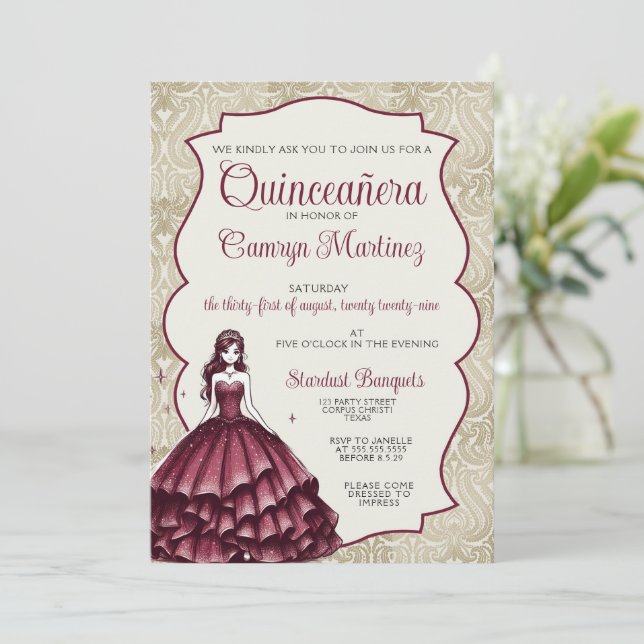 Convite para vestir de Quinceañera Burgundy (Em pé/Frente)