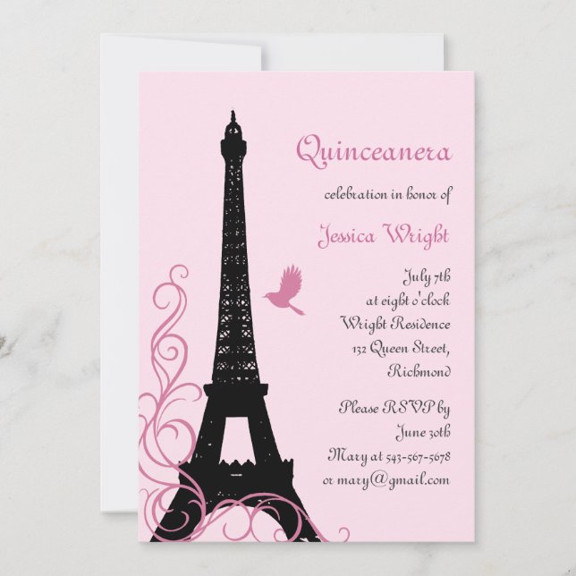 Convite parisiense de Quinceanera (rosa) (Frente)