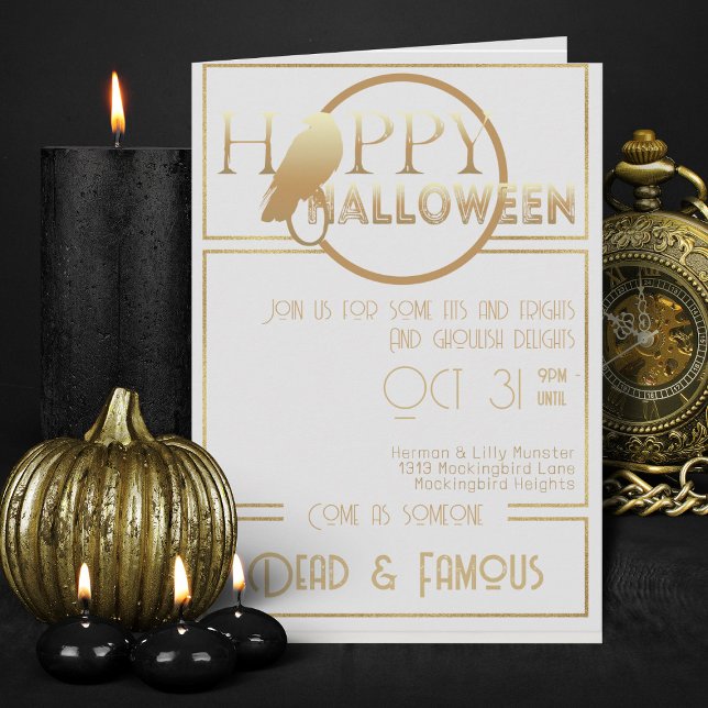 Convite Partido Dourado Elegante Adulto Moderno e Branco (Elegant white and gold Halloween invitations)