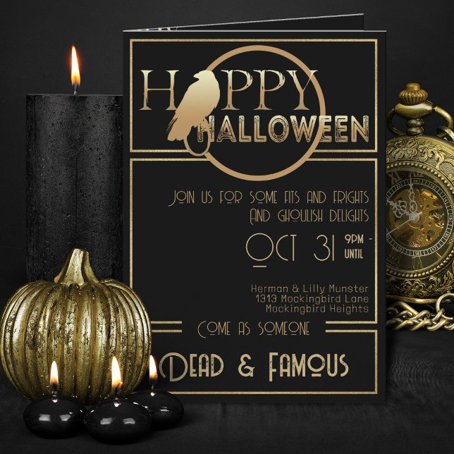 Convite Partido Dourado Elegante Adulto Moderno, Negro (elegant black and gold folded Halloween invitations)