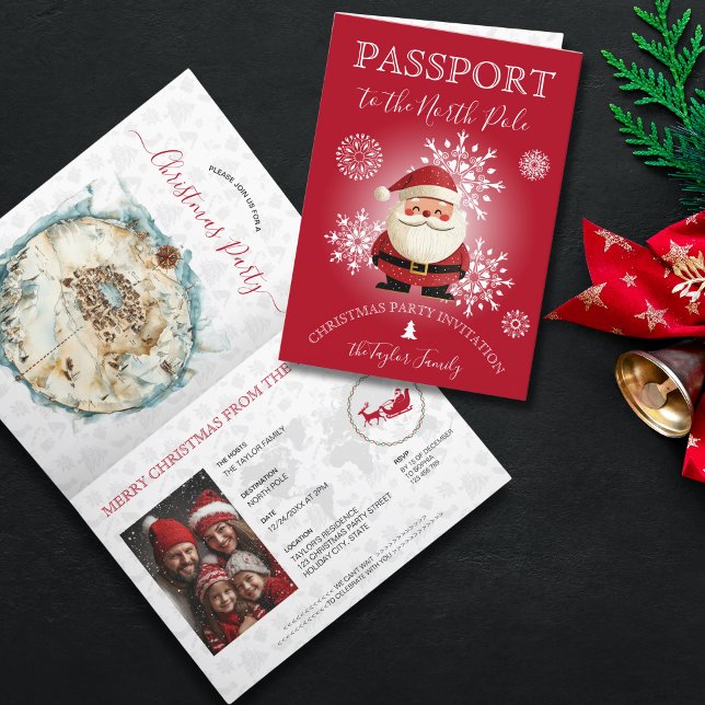 Convite Partido Único Moderno do Natal do Polo Norte (christmas passport invitation, red cover with snowflakes and santa illustration)