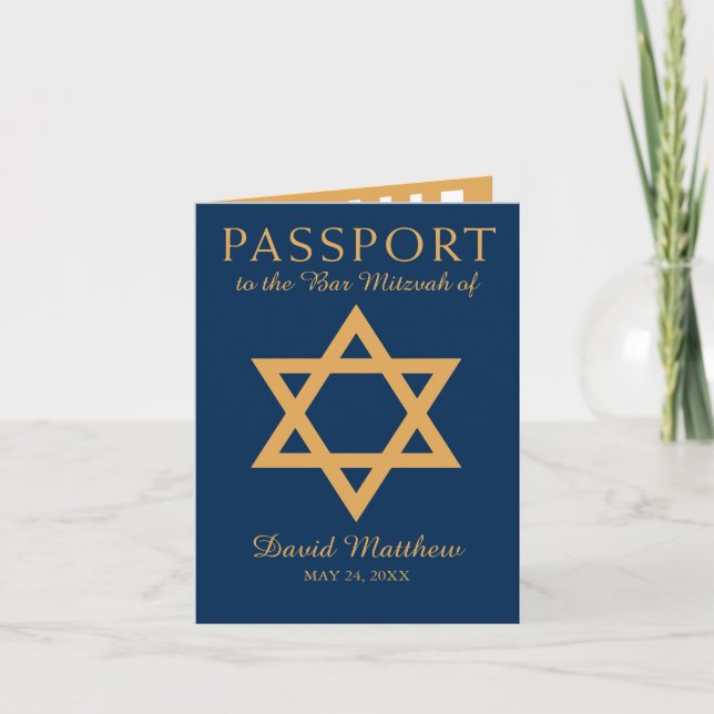 Convite Passaporte azul e Dourado de Mitzvah do bar da (Frente)