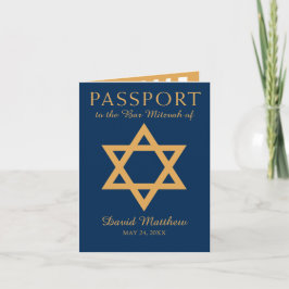 Convite Passaporte azul e Dourado de Mitzvah do bar da