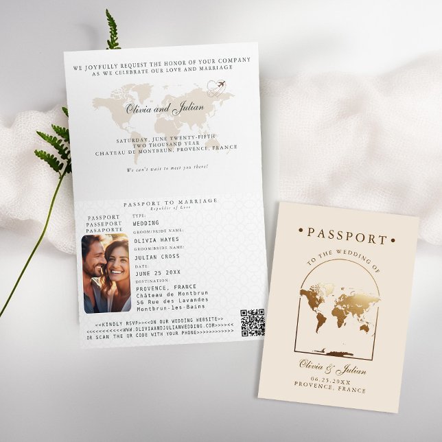 Convite Passaporte Boho Arco Bege Ecru Casamento de Destin (passport wedding invitation card destination getaway beige ecru faux gold map boho arch monograms)