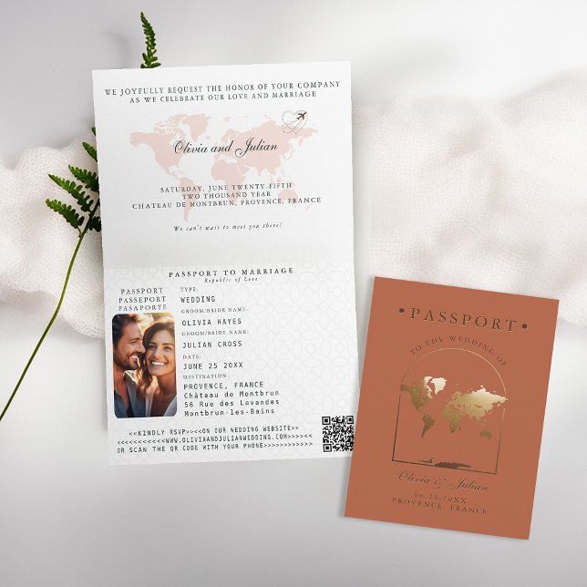 Convite Passaporte Boho Arco de Terracota Casamento de Des (passport wedding invitation card destination getaway terracotta faux gold map boho arch monograms)