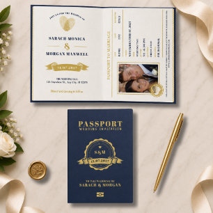 Convite Passaporte Casamento de Destino Monograma Azul Mar
