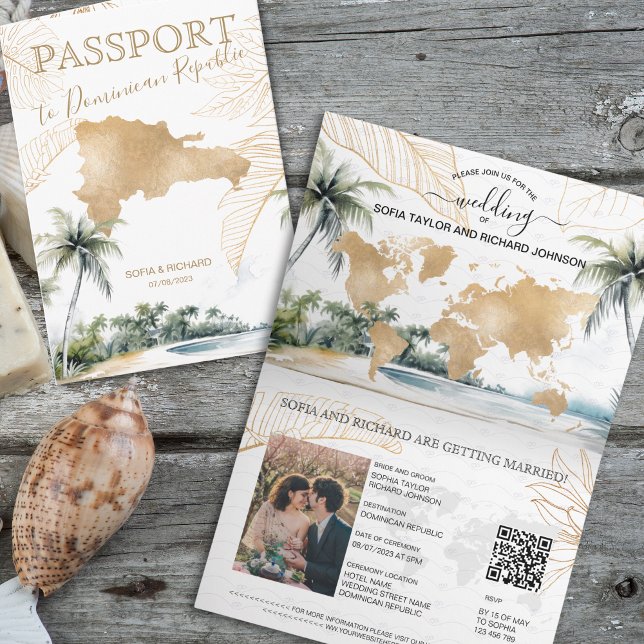 Convite Passaporte de Casamento de Destino da República Do (dominican republic golden map and watercolor palm trees and beach passport wedding invitation)